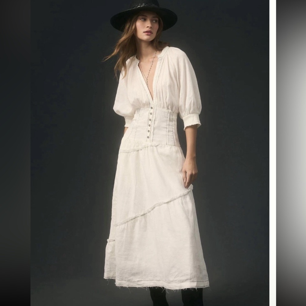 White By Anthropologie xxs V-Neck Corset Midi linen Shirt Dress